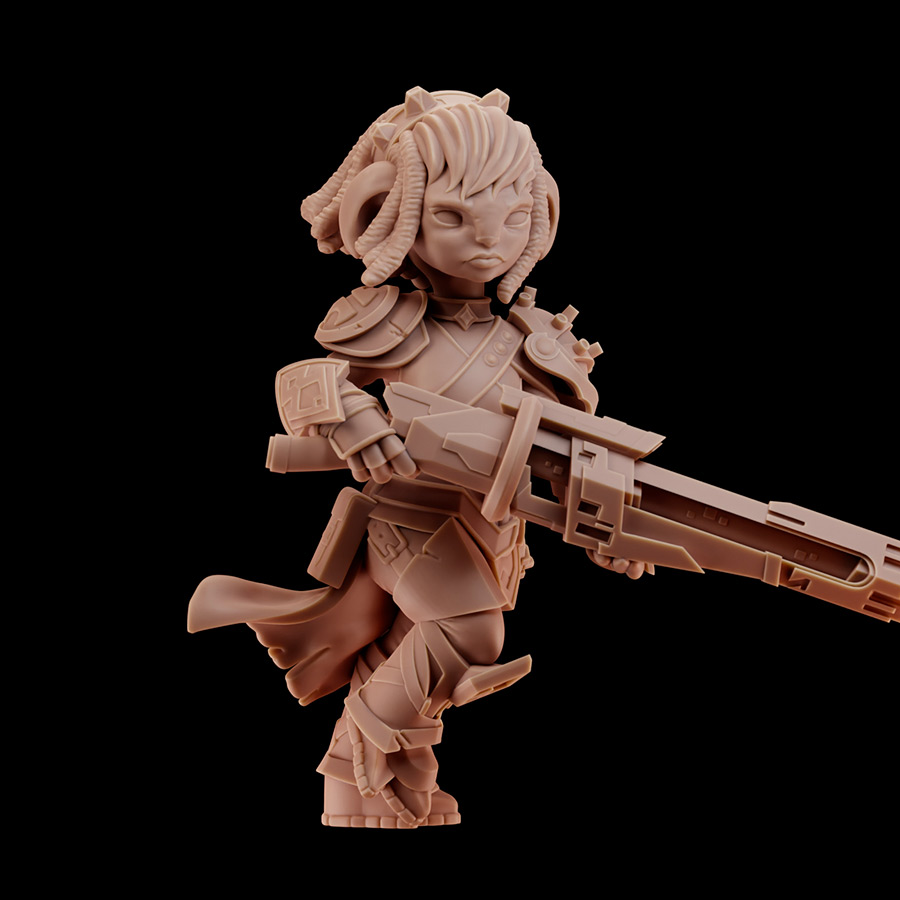 Soah full figure 3D render – front view of the asura sniper