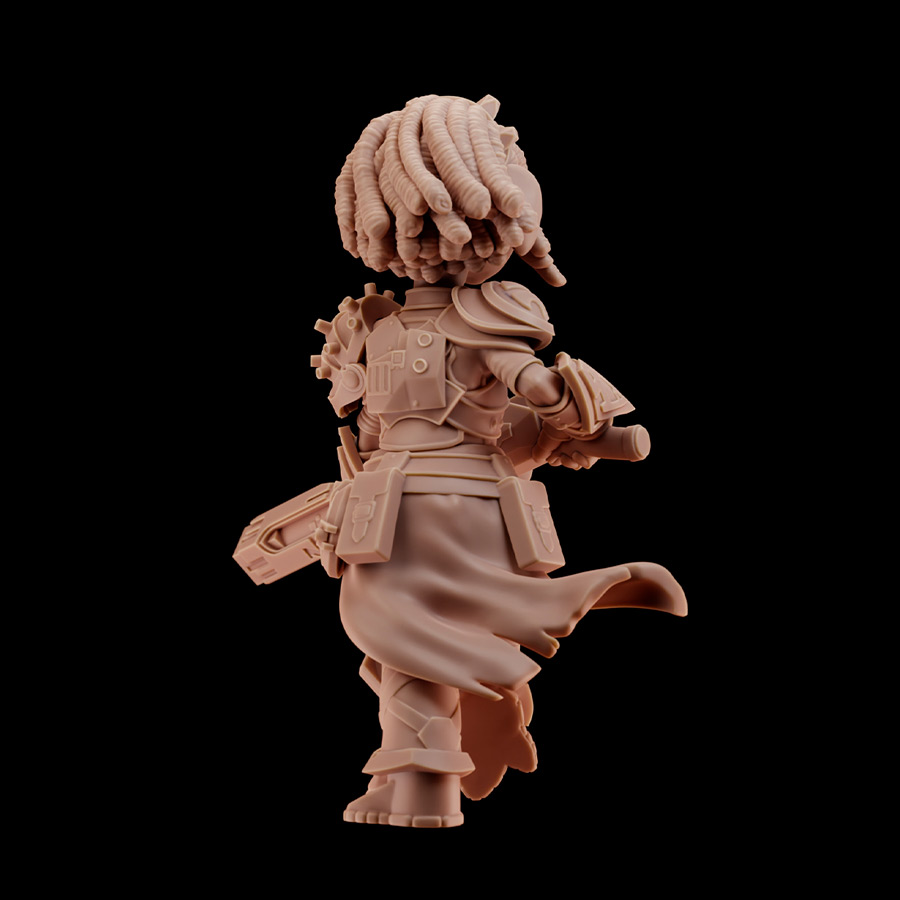 Soah full figure 3D render – back view of the asura sniper miniature