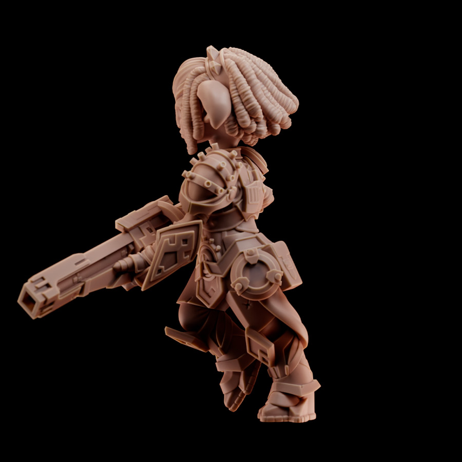 Soah full figure 3D render – side view showing tech gear and silhouette